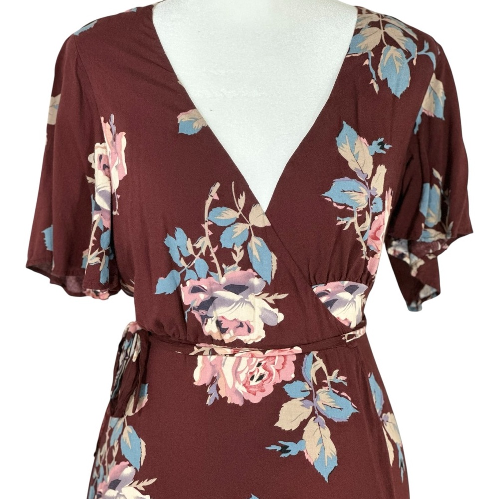 Show Me‎ Your MuMu Burgundy Floral Mini Wrap Dress Short Sleeve V-Neck  Size S - Picture 4 of 8